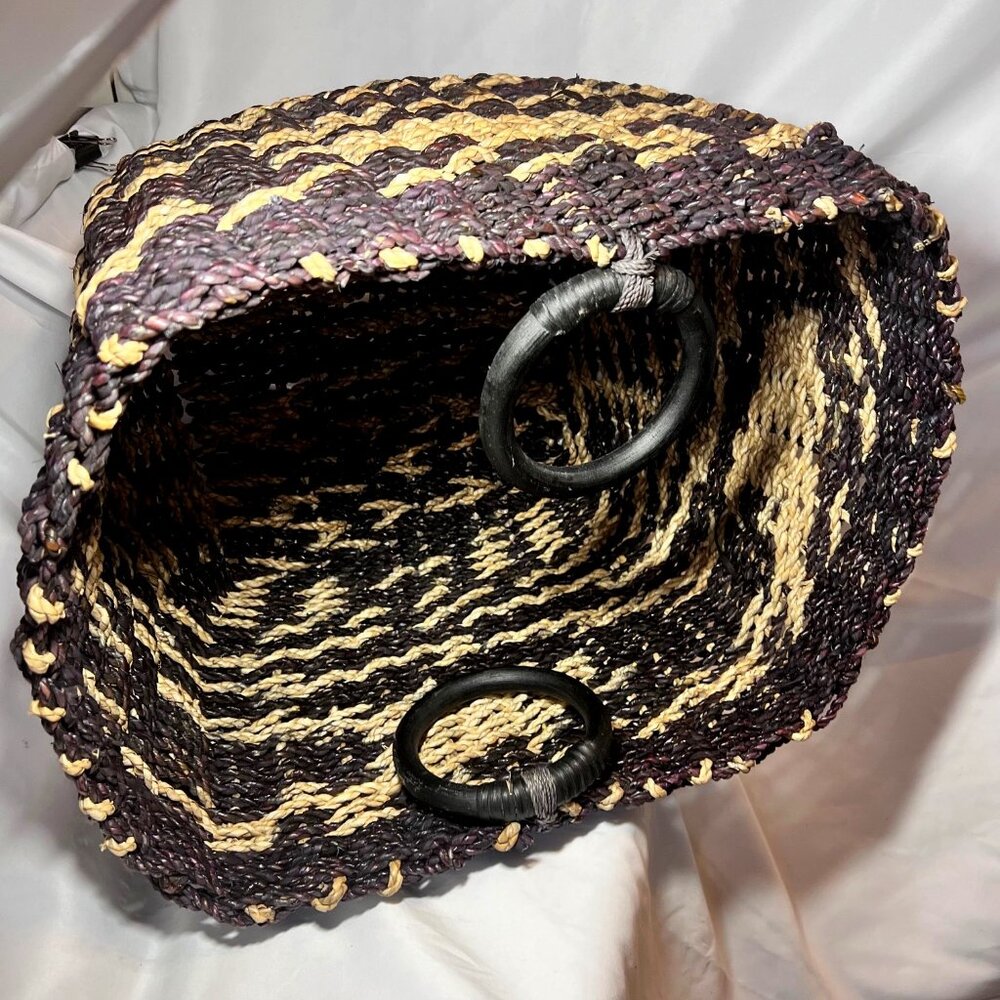 Floor Large Wicker Basket-Black Wood 5" Round handles-Brown/Cream Flexible straw
